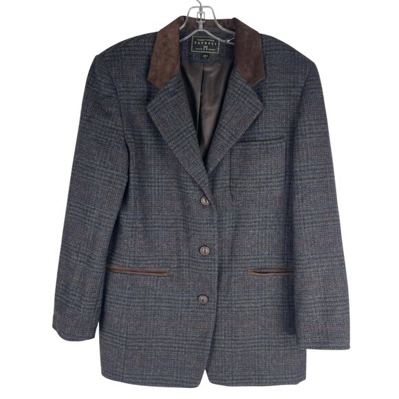 Express Suede Collar Wool Plaid Blazer Jacket Suede Gray Brown Size L - Picture 3 of 11